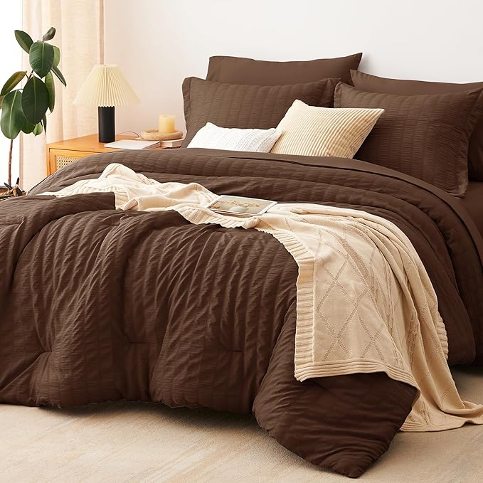 CozyLux Full Size Comforter Sets with Sheets 7 Pieces, Brown Seersucker Bed in a Bag Textured Luxury Soft Bedding Sets with Down Alternative Comforter, Sheets, Pillowcases & Shams for All Seasons