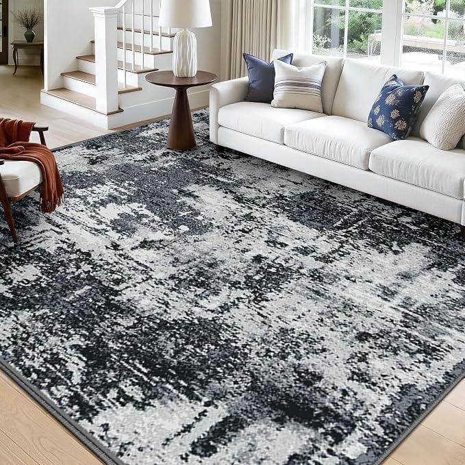 RELEANY Washable 7'x10' Abstract Area Rug for Living Room Black White | carpet for bedroom, kitchen, office, hallway and entryway, printed pattern, non-slip, soft, stain-resistant, easy to clean