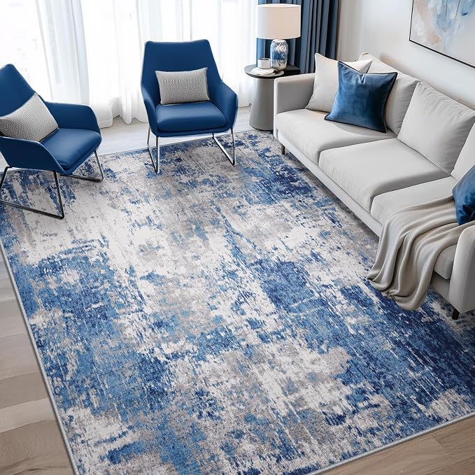 RELEANY Washable Area Rugs 4'x5' Non-Slip Modern Abstract Soft for Living Room Entryway Bedroom Kitchen, Print Pattern, Blue Grey Navy Gray