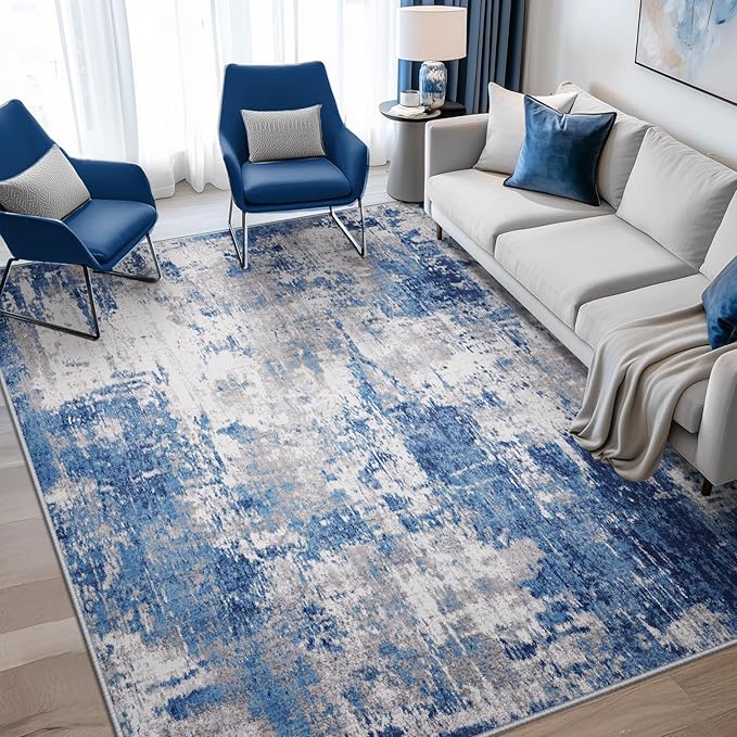 RELEANY Washable 6'x8' Abstract Area Rug for Living Room Blue Gray | carpet for bedroom, kitchen, office, hallway and entryway, printed pattern, non-slip, soft, stain-resistant, easy to clean