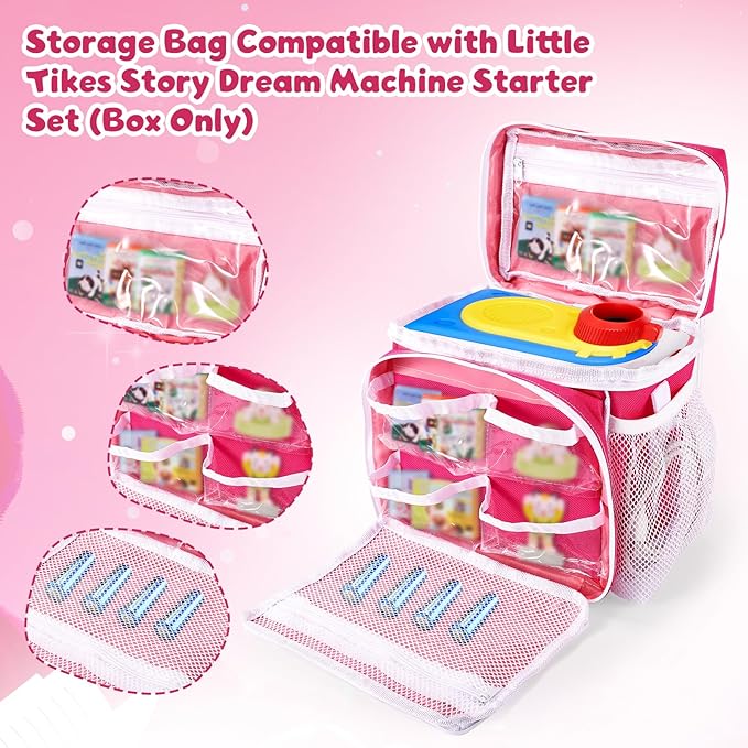 Portable Organizer Case Compatible with Little Tikes Story Dream Machine Starter Set, Oxford Cloth Toy Storage Bag with Shoulder Strap Handle Side Mesh Pockets Only Bag(Blue, Red & White)