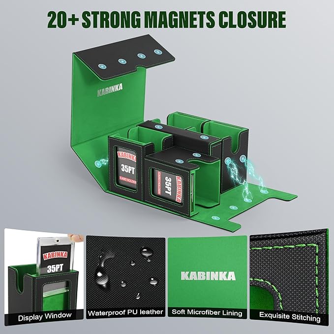 Kabinka Card Deck Box for MTG Commander, Holds 400+ Double-Sleeved Cards, 5 IN 1 Detachable Card Case with Dice Tray, Fits Magic/TCG Cards, 4 Magnetic Card Holders & Dividers (Black Green)