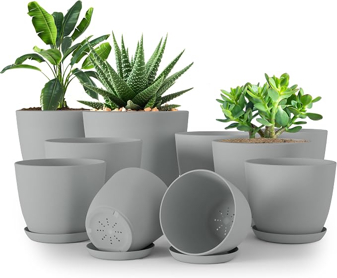 Plant Pots Indoor with Drainage, 10 Pack Multi-Size Planters Set, Grey | Drainage holes included Multiple sizes 7/6.6/6/5.3/4.8 In Indoor plants and flowers Durable plastic construction