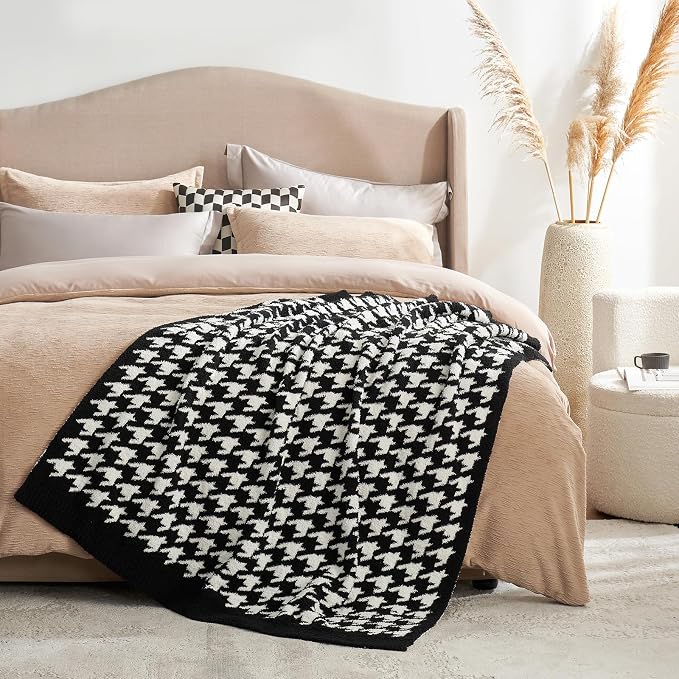 Snuggle Sac Houndstooth Throw Blanket for Couch, Reversible Super Soft Warm Blankets Cozy Knit Fuzzy Plush Lightweight Throws for Sofa, Bed, Camping, Black,50x60 inches