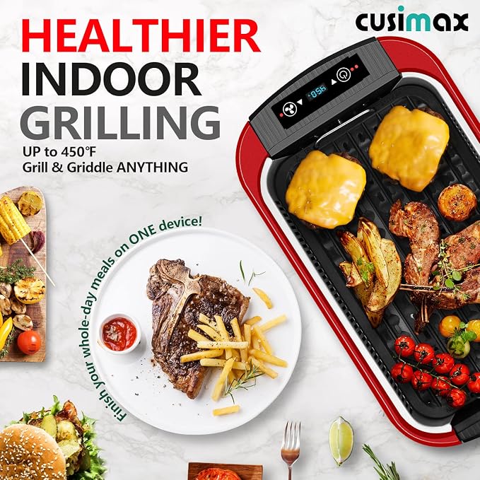Indoor Grill, CUSIMAX Smokeless Grill Indoor, Electric Griddle, 1500W, Red | with Smart LED Display & Tempered Glass Lid, Non-stick Removable Plate & Griddle Plate, Adjustable Temperature, Easy Cleanup