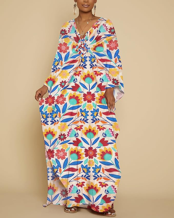 Bsubseach Kaftan Dresses for Women Floral Print Plus Size Beach Cover Up | Lightweight V Neck Loose Fit Boho Dress, Batwing Sleeve Side Slit, Moo Moos for Women Home Loungwear Cruise Resort Wear
