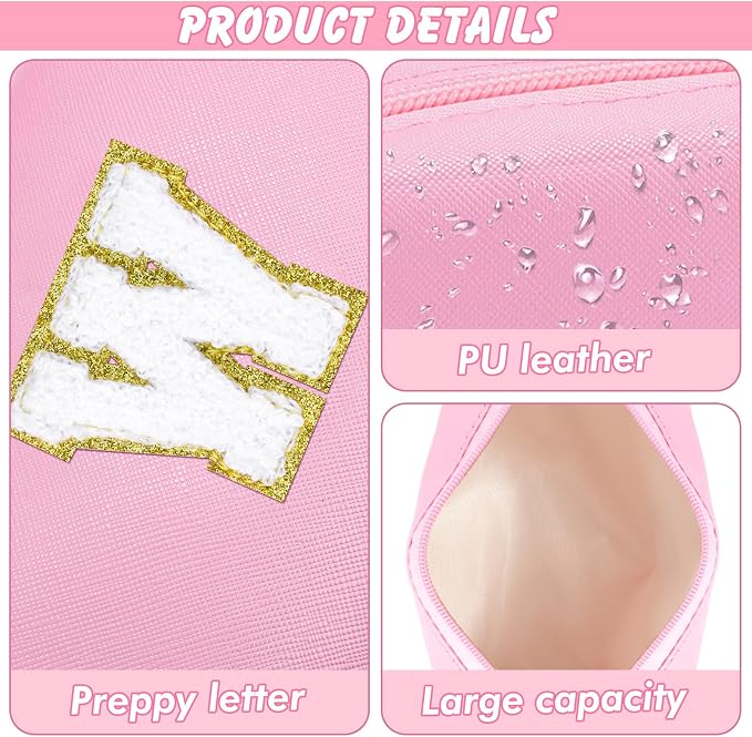 URSKYTOUS Initial Makeup Bag Personalized Preppy Travel Small Cosmetic Bag Cute PU Pink Chenille Letter Makeup Pouch for Purse Waterproof Zippered Toiletry Organizer for Women Girls Kids Friends (W)