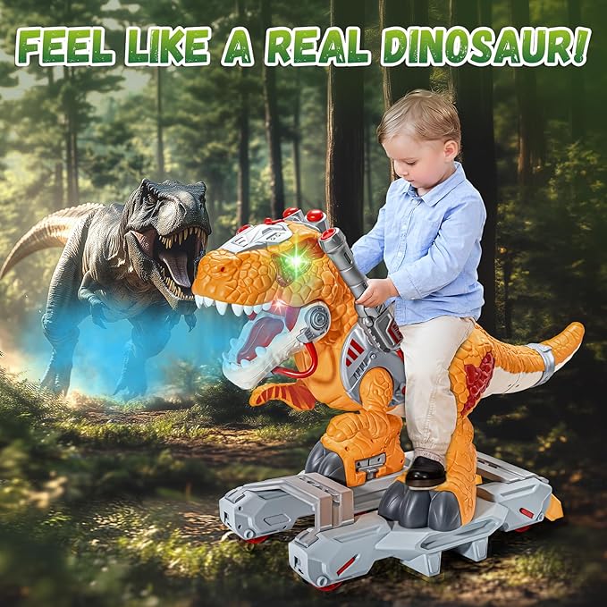 Dinosaur Ride On Toy Cars for Kids, Toddler Electric Ride On Toys with Music, Light & Smoke, 3-5 Year Old boy Gift, Preschool Kids Scooter Foot-to-Floor Walker for Indoor Outdoor
