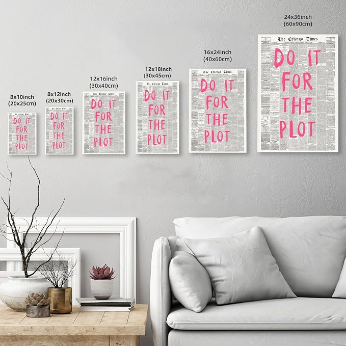 Do It For The Plot Vintage Newspaper Poster Retro Motivational Pink Wall Art Positive Daily Reminder Motivational Quote Print for Bedroom Office Home Decor Aesthetic 12x18inch Wrapped Framed