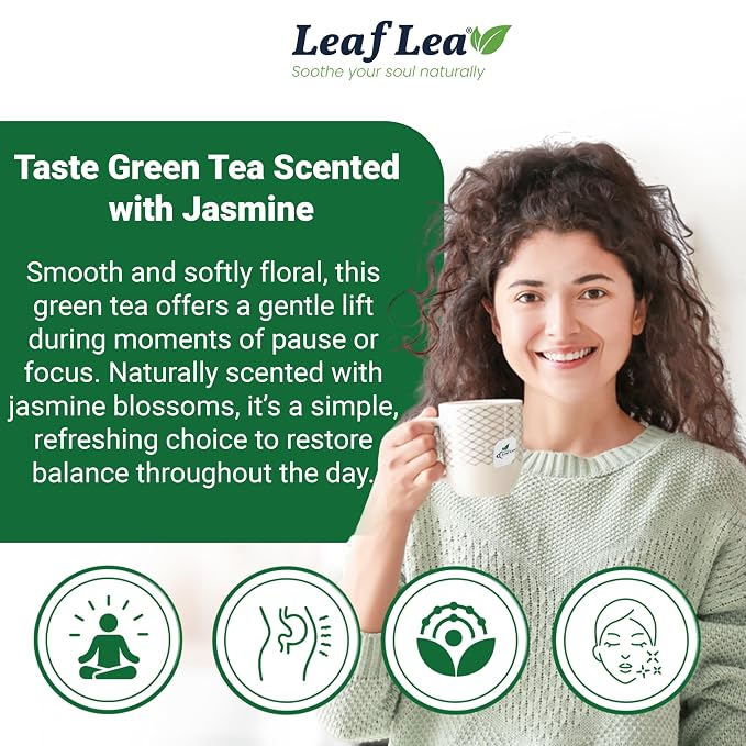 LeafLea Jasmine Green Tea Bags, Naturally Jasmine-Scented, 40 Count | Smooth Green Tea With Soft Jasmine Aroma, No Petals Inside, Sugar-Free, Vegan, 40 Individually Foil-Wrapped Bags