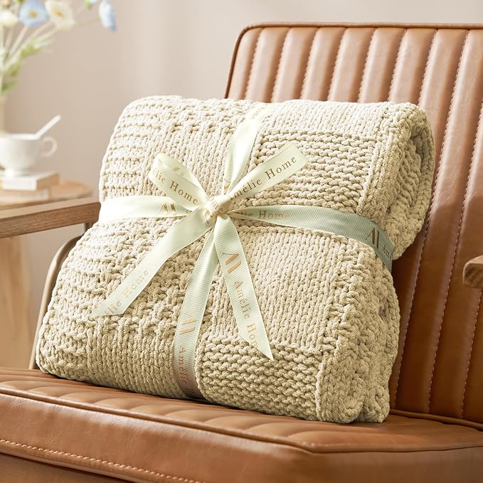 Knit Throw Blanket, Soft Chenille Cozy Breathable Checkered Chunky Decorative Blanket for Couch, Bed & Sofa, French-Inspired Lightweight Warm Gift for Women, Beige, 50"x60"