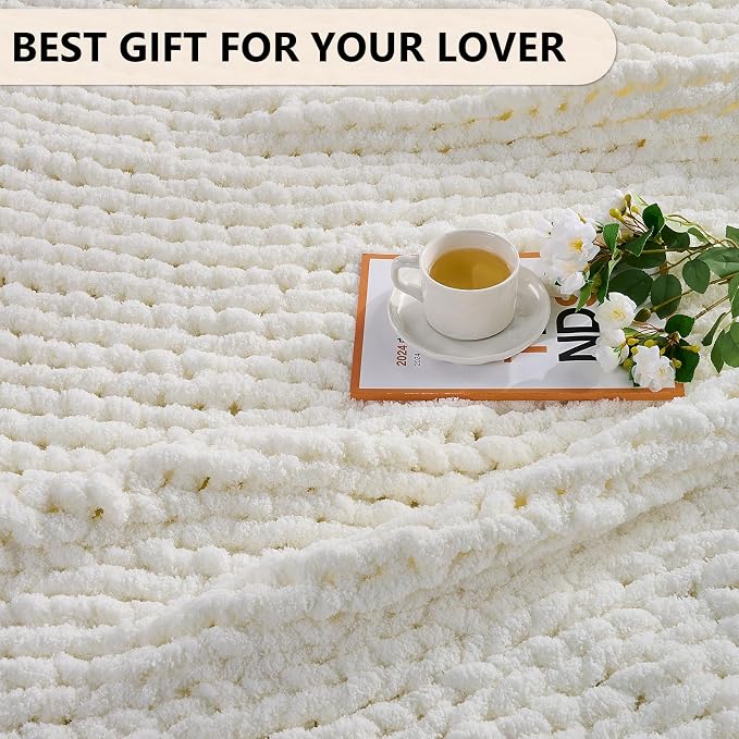 L'AGRATY Chunky Knit Throw Blanket for Couch, 80 x 90 Inches, Cream White | Handmade Chenille Crochet Blanket for Sofa Bed, Thick Cable Knitted Blankets for Room Home Decor, Birthday Gift for Women Mom