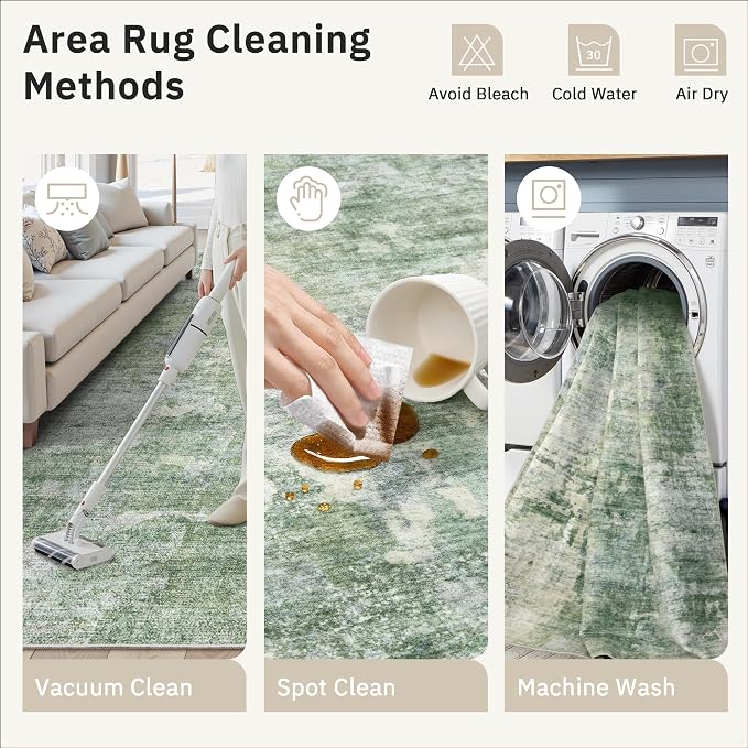 Soalmost 10x12 Area Rugs for Living Room Washable Rug Abstract Green/Ivory | Non-Slip Large Modern Carpet for Dining Bedroom, Soft Low Pile Lightweight Foldable Floor Mat Nursery Home Office Decor