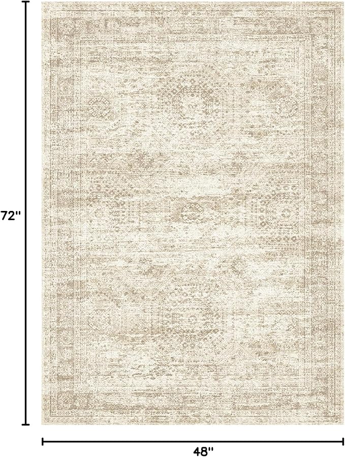Soalmost 4x6 Area Rug for Living Room, Washable Rugs Non-Slip, Beige | Vintage Low-Pile Carpet for Dining Bedroom, Thin Foldable Stain Resistant Floor Mat Nursery Under Table Home Office Decor