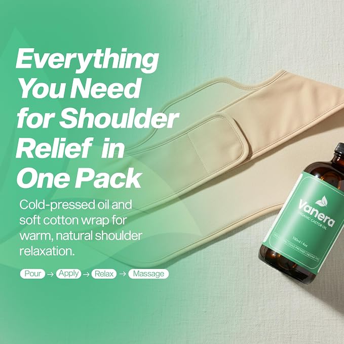 Castor Oil Shoulder Pack wrap – 100% Certified Organic Castor Oil, Shoulder Wrap with Reusable Cotton Design & Adjustable Straps