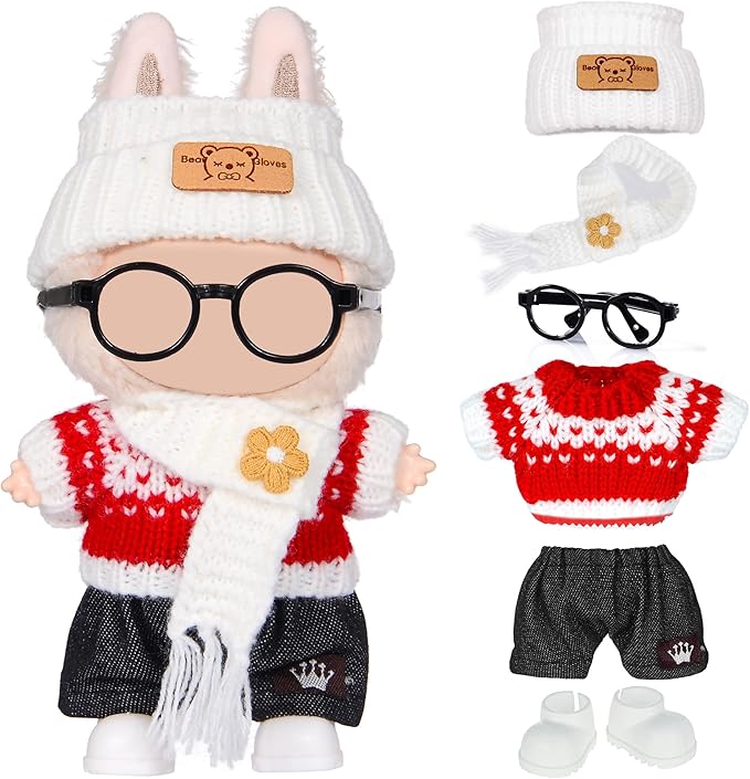 Knit 17cm Doll Clothes Accessories Set Include: 1 Hat, 1 Sweater, 1 Pants, 1 Scarf, 1 Glasses and 1 Shoes for Dress up Your Dolls (Doll Not Included), Knit #2