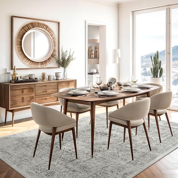 Soalmost 5x7 Area Rugs Light Gray Washable Trendy Faded Style Floral Rugs | Vintage Non-Slip Indoor Accent for Bedroom Dining, Foldable Stain Resistant Floor Carpet Mat Under Table Home Office Decor