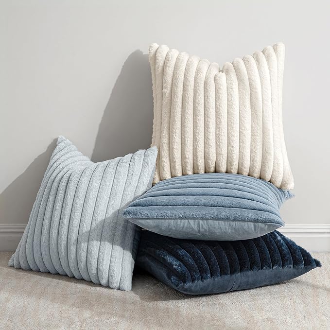 MIULEE Faux Fur Plush Decorative Throw Pillow Covers 20x20, Navy Blue | Set of 4, Striped, Soft Coastal Modern Cozy Home Decor, Cushion Cases for Sofa Couch Bed Living Room
