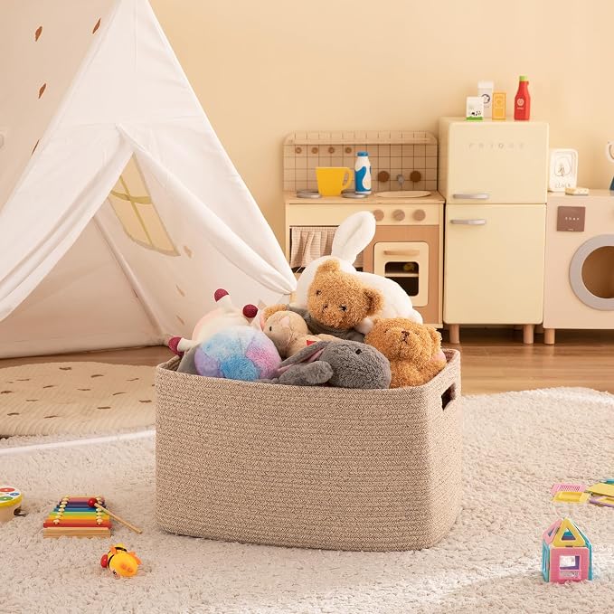 OIAHOMY Cotton Rope Basket, Rectangle Woven Nursery Blanket Basket, Toy Storage Basket with Handle, Baskets for Organizing, 18”x14”x12”, Brown variegated