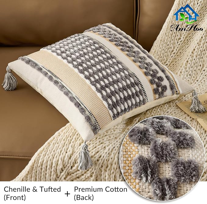 Chenille Striped Textured Boho Throw Pillow Covers Aesthetic with Tassels Woven Decorative Pillow Case for Couch Bed Sofa Bedroom Modern Funky 18 x 18-Inch Grey White