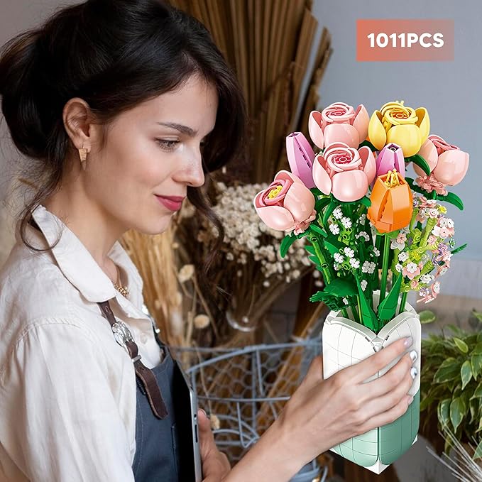 Flowers Bouquet Building Set Tulips Camellia with Vase for Adult -1011pcs