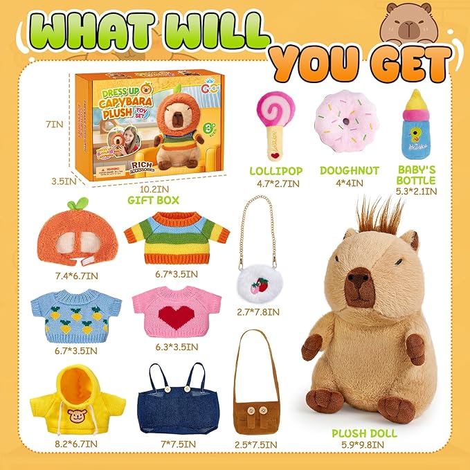 G.C 13 Pcs Plush Stuff Toys with Clothes Accessories Kids Stuffed Animal Toddler Pretend Play Dress Up Birthday Gifts 3 4 5 6 7 8 Year Old Boys Girls