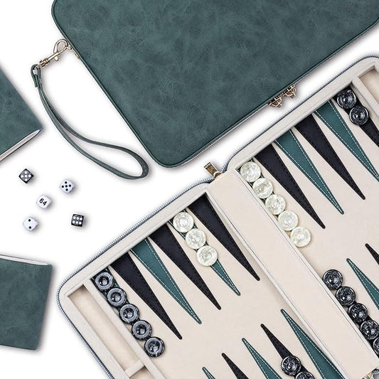Backgammon Sets for Adults, Classic Board Game with Folding Leather Backgammon Case, Portable Travel Backgammon Game Set (Green)