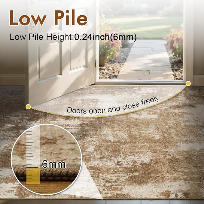 2x6 Ft Washable Runner Rug, Non-Slip Low Pile Hallway Kitchen Area Rug, Soft Long Entryway Floor Mat Abstract Pattern Carpet for Bedside & High-Traffic Areas (Brown)