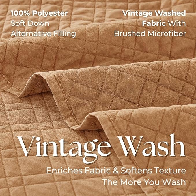 Queen Quilt Set with Shams Lightweight Quilted Bedspread Coverlet Thin Comforter Bed Cover Vintage Washed Quilted Blanket for All Season, Brushed Microfiber Diamond Stitching, Brown, 88"x92"
