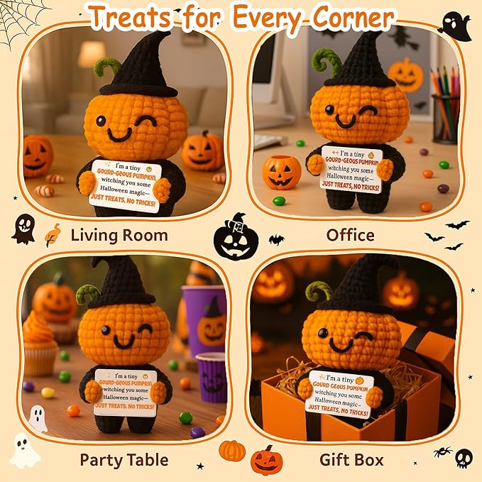MAMAGIFTREE Halloween Crochet Pumpkin Witch Plush - Amigurumi Tiered Tray Decor - Spooky Cute Gothic Home Decor & Witchy Gifts - Handmade Fall Pumpkin Figurine