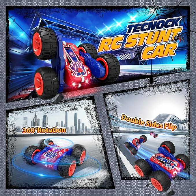 Tecnock Spider Remote Control Car, 2.4GHz RC Cars with USB-C Easy Charging, 4WD Double Sided 360° Rotates & Flips RC Stunt Car, Toys Gift for Boys and Girls Ages 6-8, 8-12