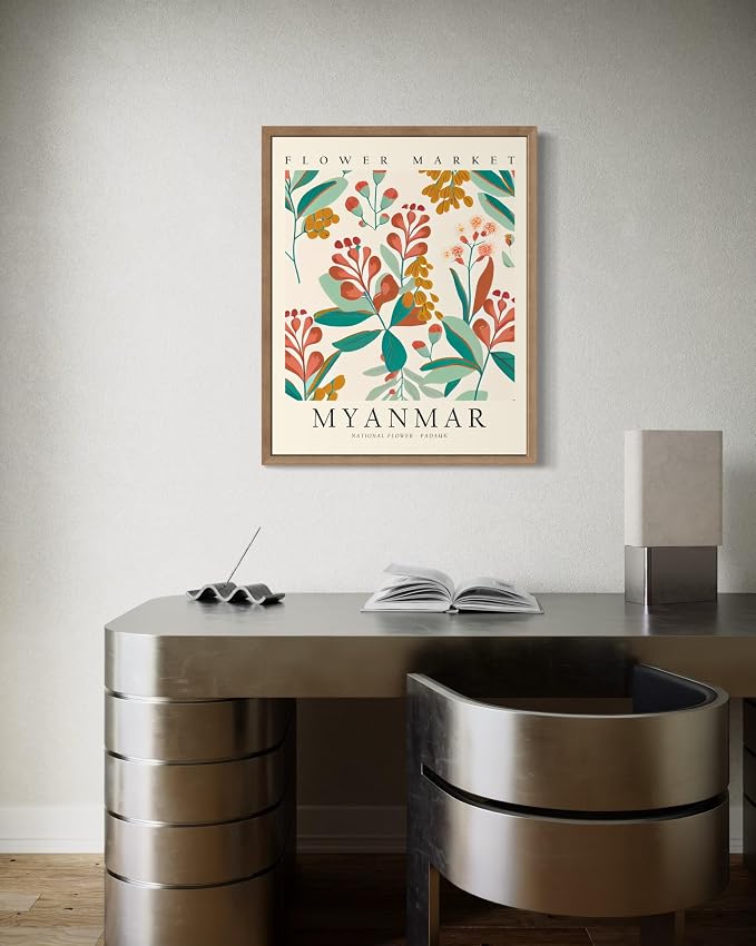 Myanmar Flower Market Art Print Poster, Wall Art Floral Painting Botanical Decor for Bedroom, Kitchen, Bathroom Livingroom Decoration 82B (Myanmar, 14"L x 11"W, Wood Frame)