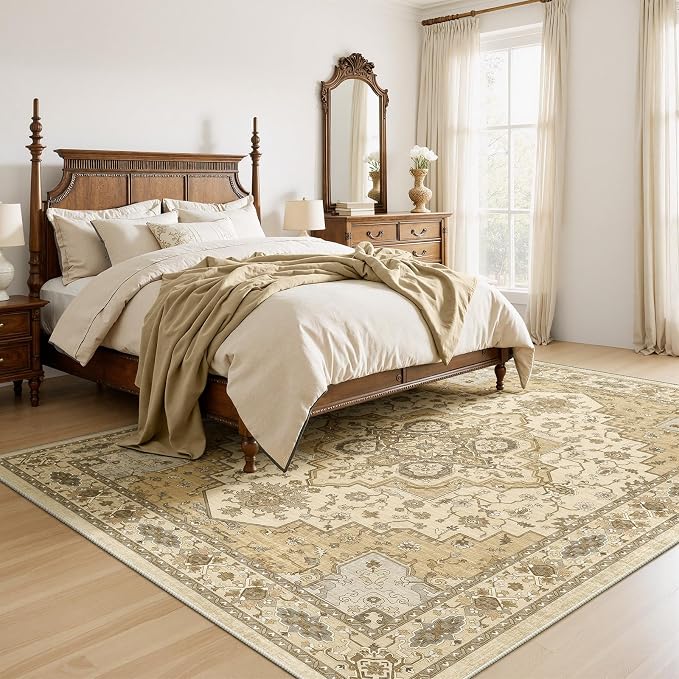 AMADA HOMEFURNISHING 9x12 Area Rug for Living Room,Vintage Washable Area Rug Low-Pile & Non-Slip Carpet for Bedroom Dining Room Nursery Home Office, Beige/Cream
