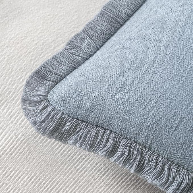 MIULEE Linen Fringe Decorative Euro Throw Pillow Covers Light Blue 26x26 | Set of 2, Cottagecore Decor, Boho Farmhouse Coastal Pillow Covers, Rustic Couch Cushion Cases for Sofa Bed Living Room