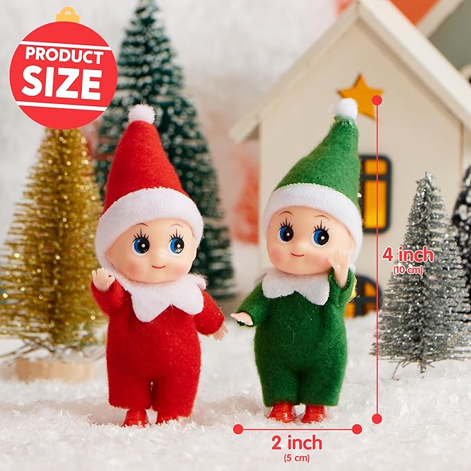 JOYIN 2PCS Christmas Elf Plush Doll, Red and Green Tiny Elf Doll with Clothes and Belt Pattern Soft Plush Accessories for Christmas Holiday Decorations, Dress-Up Party