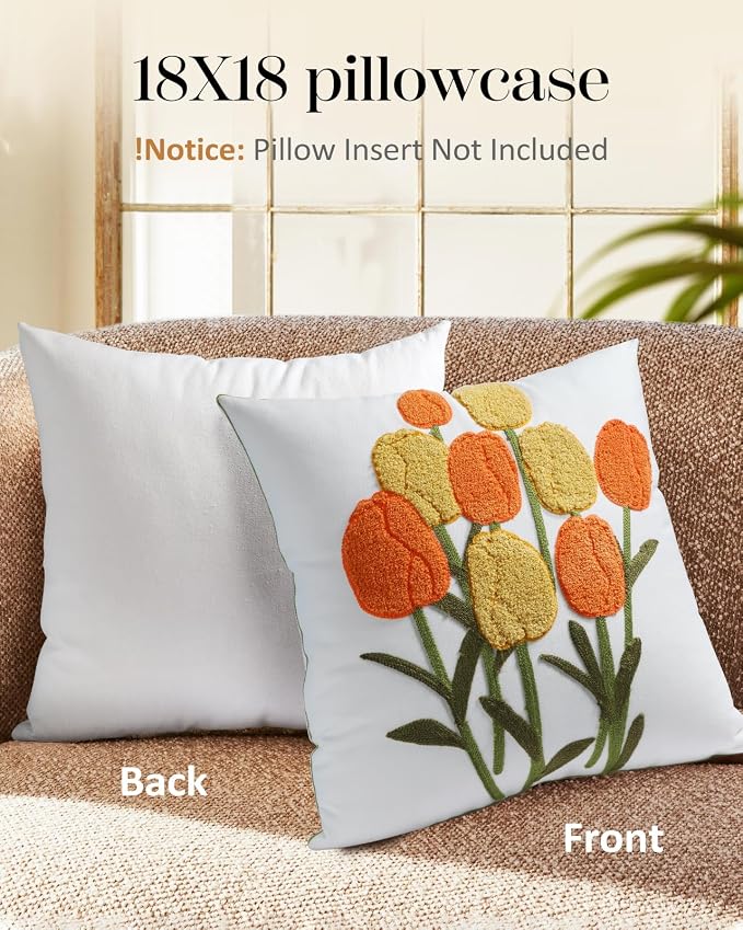 Embroidered Throw Pillow Cover - 18x18 Decorative Pillow Cover with Zipper Aesthetic Cute Design Boho Spring Summer Cozy Throw Pillowcase for Living Room Couch Sofa Bed, Yellow Tulips