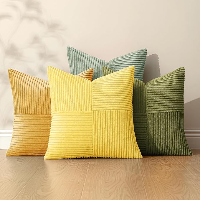MIULEE Boho Farmhouse Spring Decorative Throw Pillow Covers 20x20 Inch 4 Packs Soft Vintage Pillow Cases Modern Corduroy Patchwork Cushion Covers for Couch Sofa Bed Summer Home Decor, Yellow Green
