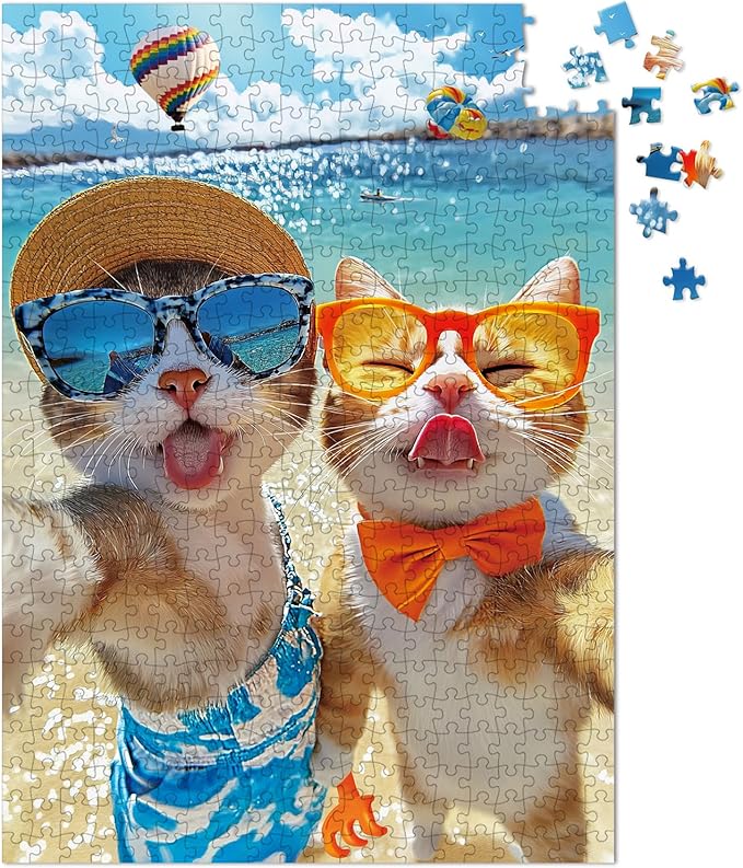 500 Pieces Jigsaw Puzzles for Adults and Teens and Kids Family Happy Games Big Size Cats' Selfie on Beach [Larger Size]