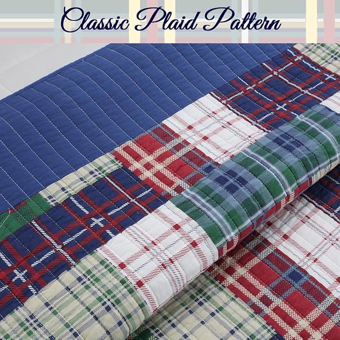 Cozy Line Home Fashions Nate Patchwork Quilt Set, Green Red Navy White 100% Cotton Reversible Coverlet Bedspread for Boy (Nate Patchwork, Twin - 2 Piece)