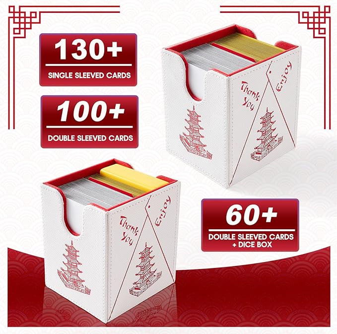 Venssu Chinese Takeout MTG Deck Box, Commander Deck Case Fits 100 Double Sleeved Cards, PU Leather Storage Box with 2 Dividers(Bright Red and White), Compatible with TCG/PTCG/EDH/Magic/Sport Cards