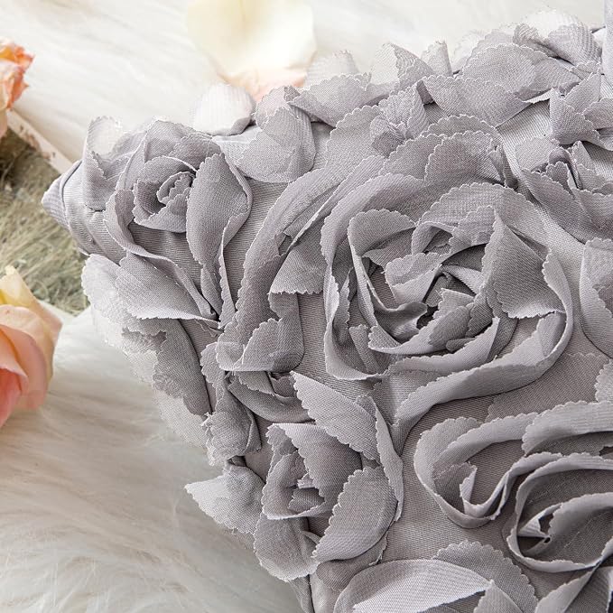 MIULEE Decorative Rose Flower Pillow Cover Pack of 1 Grey 12x20 Inch | Cute Romantic Stereo Chiffon Throw Pillow Cover Aesthetic Solid Pillowcase for Girl Coquette Room Decor Coach Bedroom