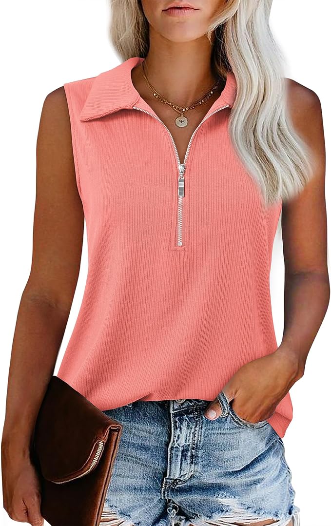 Vivilli Womens Ribbed Tank Top Zipper V Neck Dressy Casual Blouses Sleeveless Camisole Tops Work Tank Polo Shirts