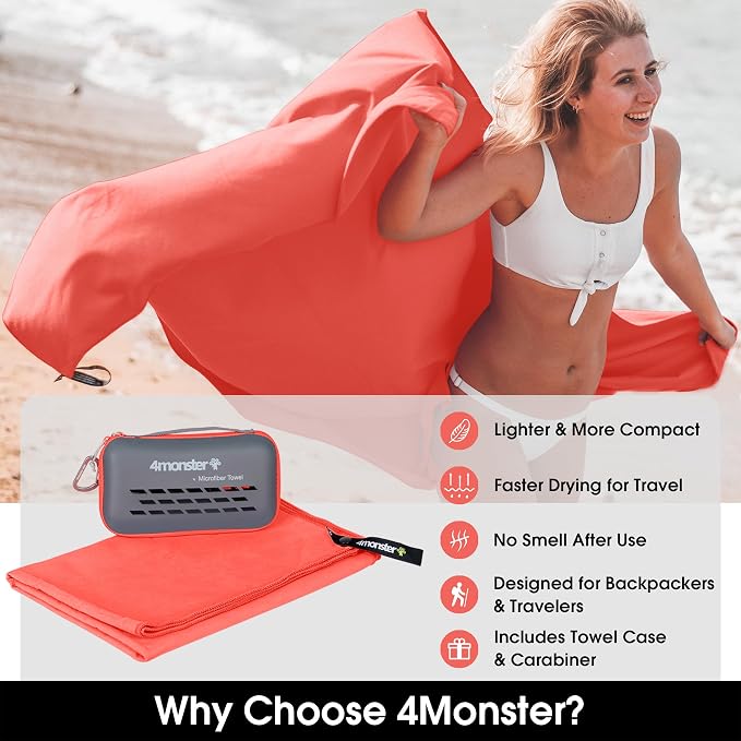 4Monster Quick Dry Travel Towel with Case & Carabiner – Super Absorbent Microfiber Gym & Camping Towel. Compact, Lightweight, Fast Drying for Beach, Swimming, Hiking, Backpacking