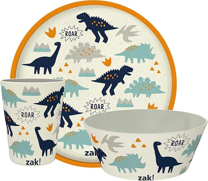 Zak Designs Kids Dinnerware Set 3 Pieces, Durable and Sustainable Melamine Bamboo Plate, Bowl, and Tumbler are Perfect For Dinner Time With Family (Zaksaurus)