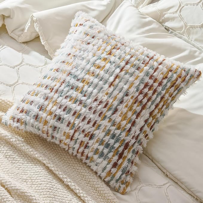 Boho Chenille Pillow Cover Decorative Tufted Pillowcase for Couch Bed Sofa Bedroom Living Room Modern 18 x 18-Inch Brown White