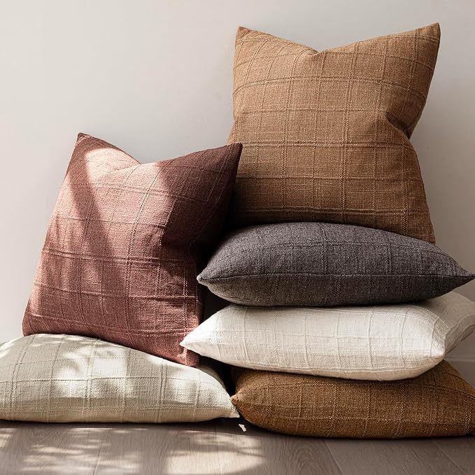 Foindtower Set of 2 Decorative Linen Check Throw Pillow Covers Neutral Farmhouse Vintage Cushion Covers Modern Boho Home Decor for Sofa Chair Couch Bedroom Living Room,26×26 Inch,Autumnal Red