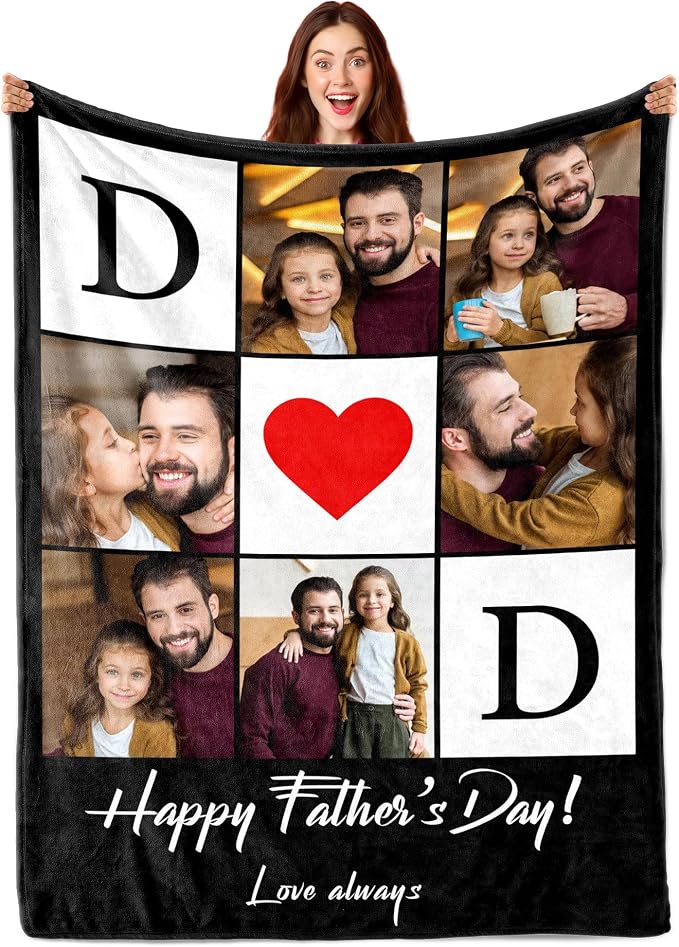 Funny DIY Personalized for Dad Husband Grandpa from Daughter Son Kids Wife Customized Father's Day Blanket Custom Photo Blanket with Pictures Text Best Dad Ever Ideas Birthday Gifts