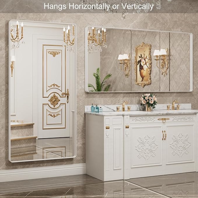 LOAAO 72x40 Inch White Metal Framed Bathroom Mirror for Wall | Rounded Rectangle Mirror, Anti-Rust, Tempered Glass, Hangs Horizontally or Vertically