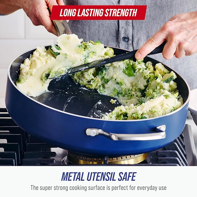 Blue Diamond 5QT Diamond Infused Ceramic Nonstick Sauté Pan with Lid, Blue | PFAS-Free Ceramic Nonstick Jumbo Cooker Skillet, Dishwasher & Oven Safe, Durable Metal Utensil Safe, Soups, Glass Lid