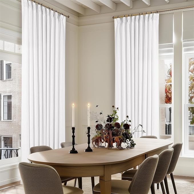 White Pinch Pleated Linen Curtains 96 Inches Long 60 Inch Width Linen Blend Light Filtering Window Curtains 96 Inch for Living Room Bedroom Patio Pinch Pleat Drapes with Hooks Rings 1 Panel 60Wx96L
